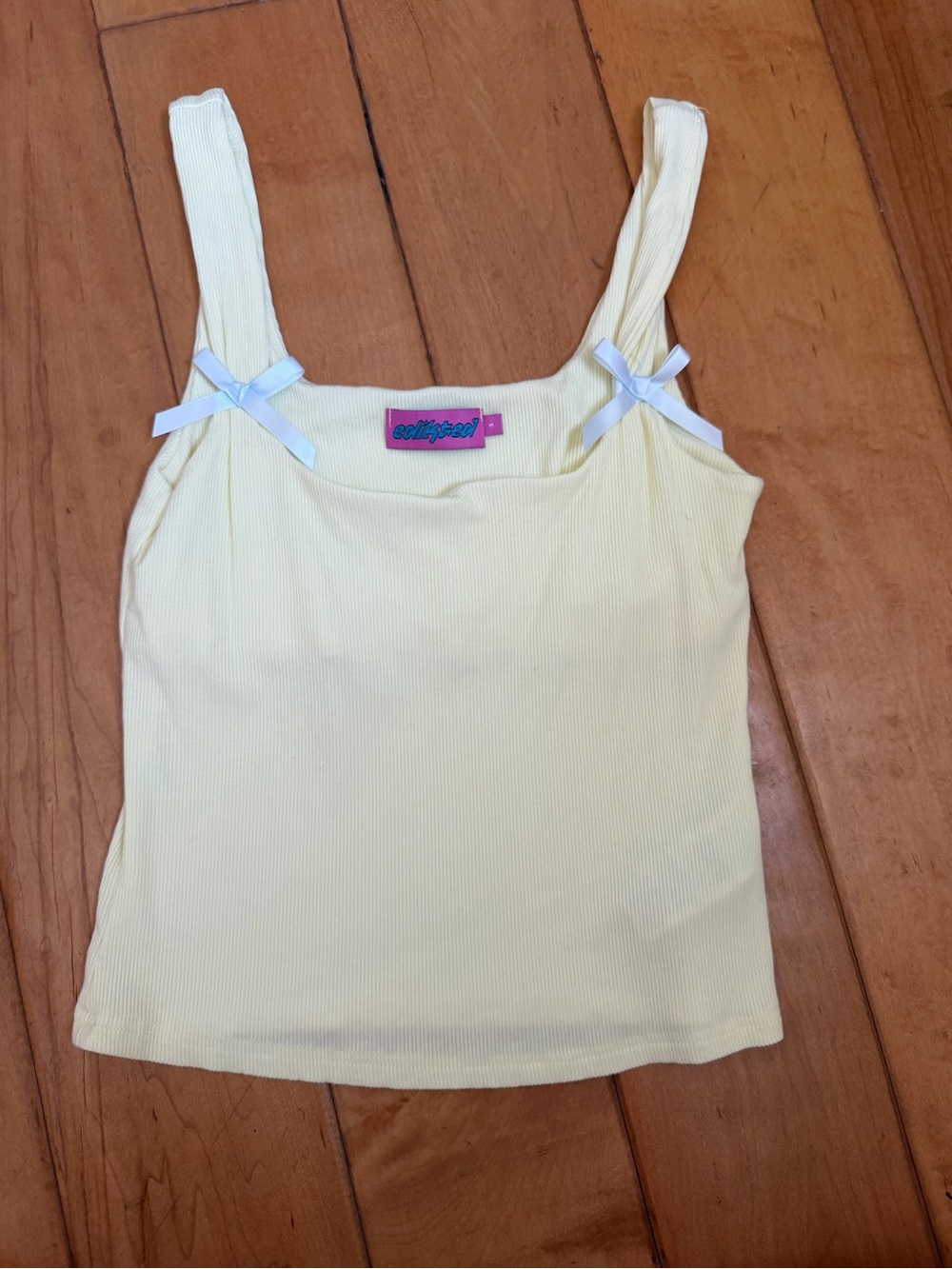 Edikted Light Yellow Ribbed Cami with Bow Straps